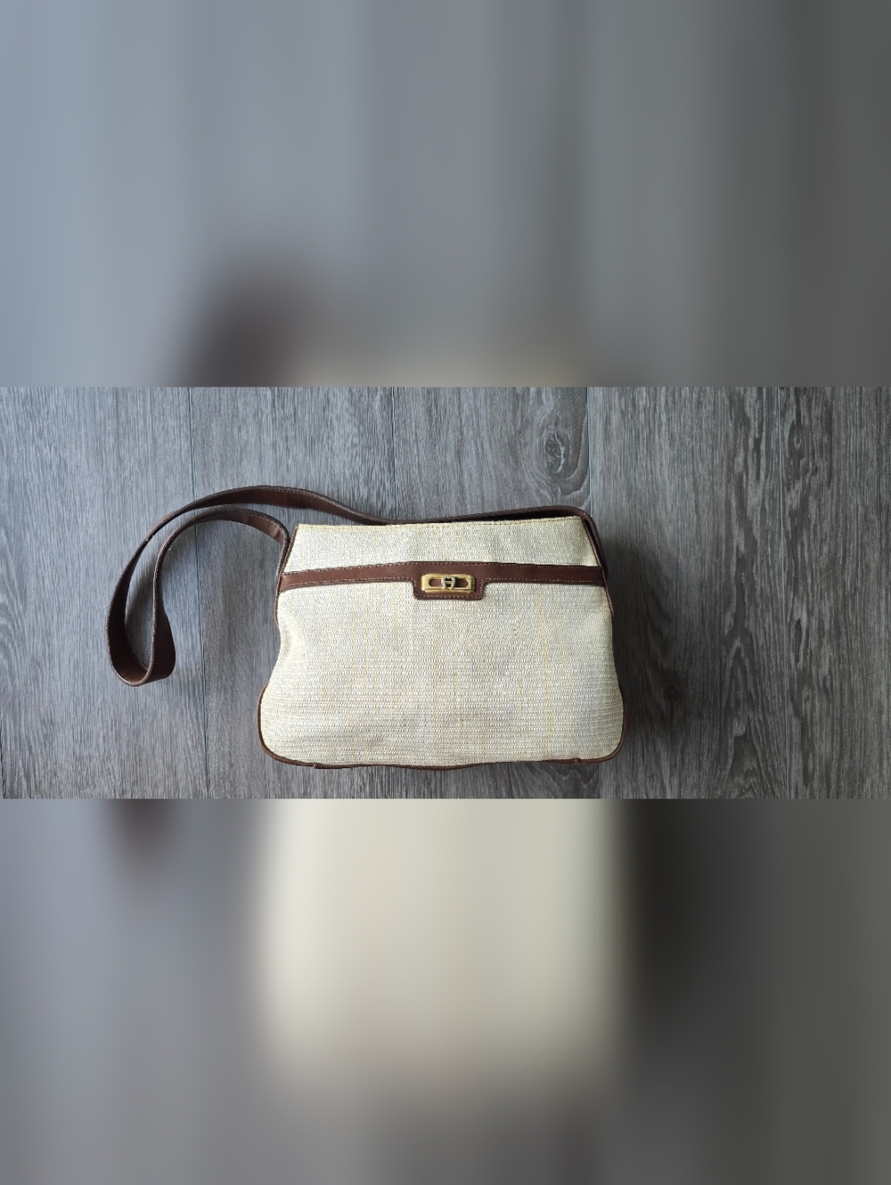 Etienne Aigner Woven Shoulder Bag Ivory Brown Manmade Trim Gold Turn Lock Vtg - Picture 12 of 13